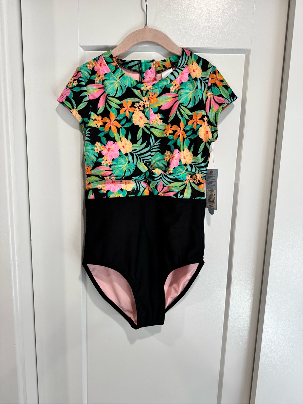 Marika Girls' Black One-Piece Swimsuit with Bright Tropical Floral Top